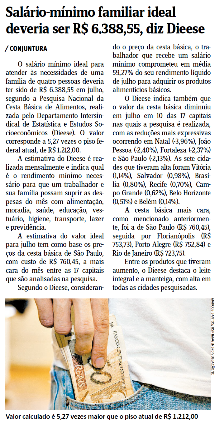 Flávio Obino F° | Salário-mínimo familiar ideal deveria ser R$ 6.388,55,  diz Dieese